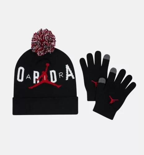 Jordan Kids Jan Hbr Pom Beanie Set Kit Black 8-20YR